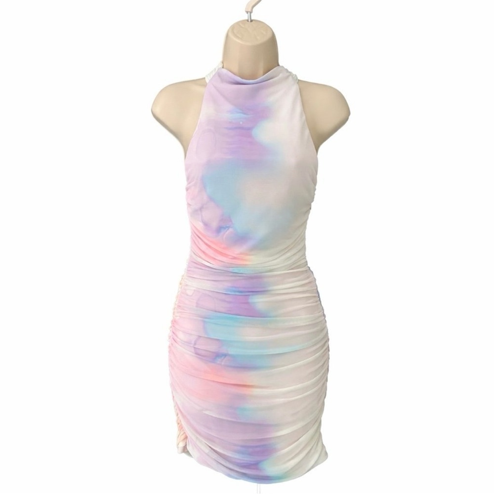 Zara Halter Neck Ruched Bodycon Dress Tie Dye Size XS Stretchy Mini NWT